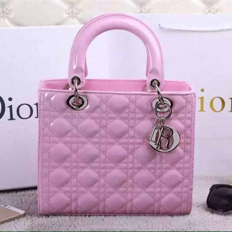 Hot Medium Lady Dior Bag Patent Cannage Calfskin Pink Silver