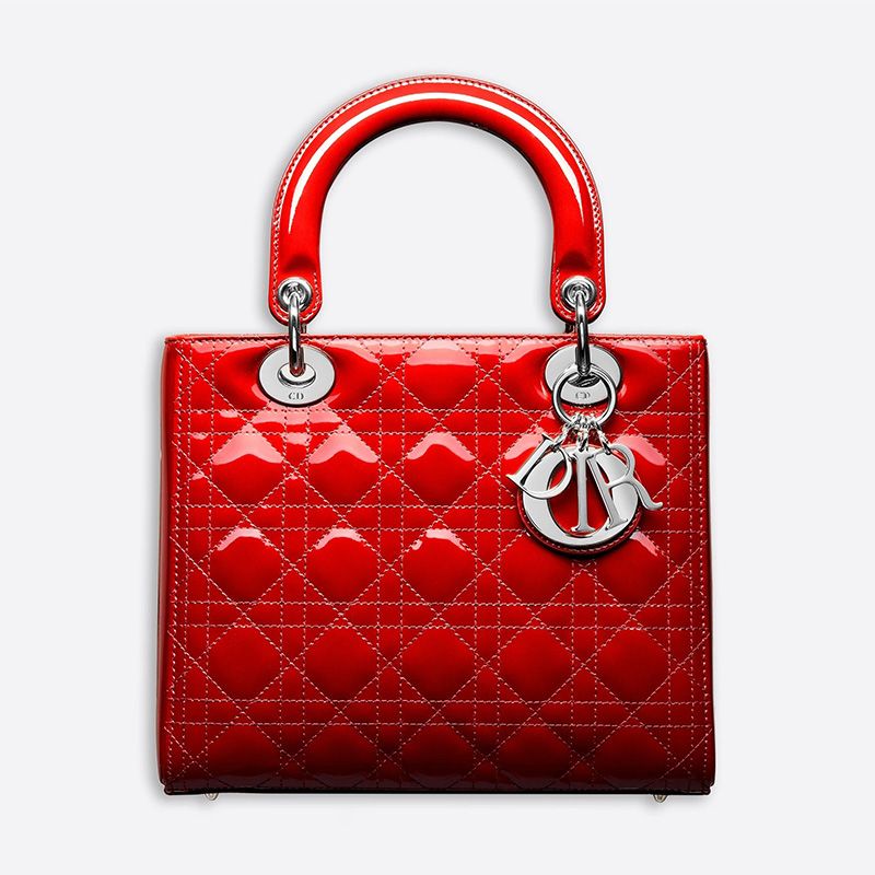 Medium Lady Dior Bag Patent Cannage Calfskin Red Silver