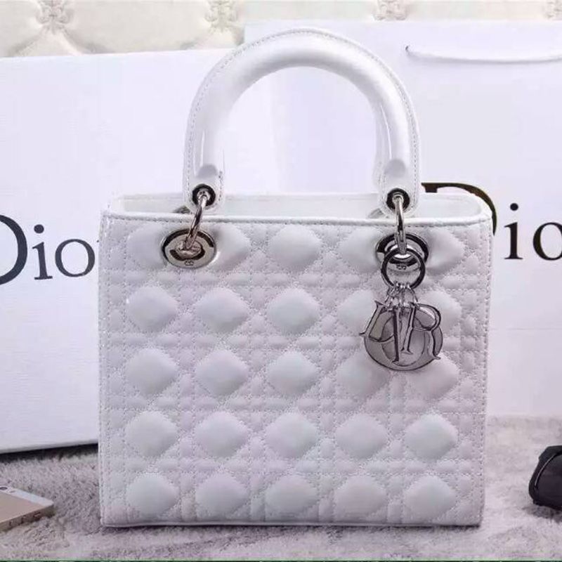 Medium Lady Dior Bag Patent Cannage Calfskin White Silver Hot Sale