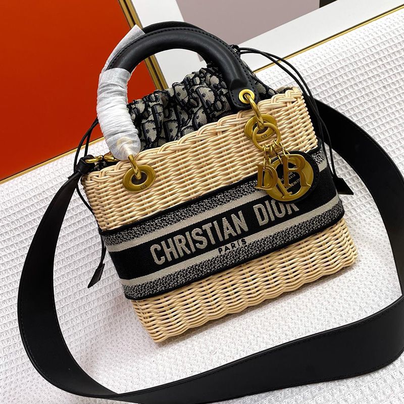 TOP Medium Lady Dior Bag Wicker and Oblique Motif Canvas Black