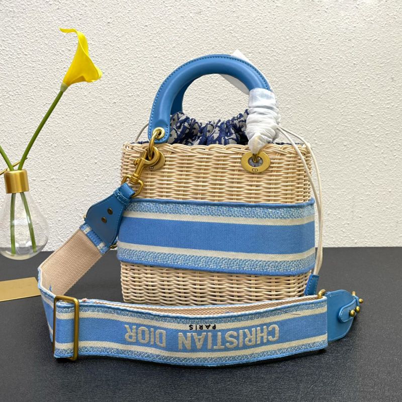 Hot Medium Lady Dior Bag Wicker and Oblique Motif Canvas Light Blue