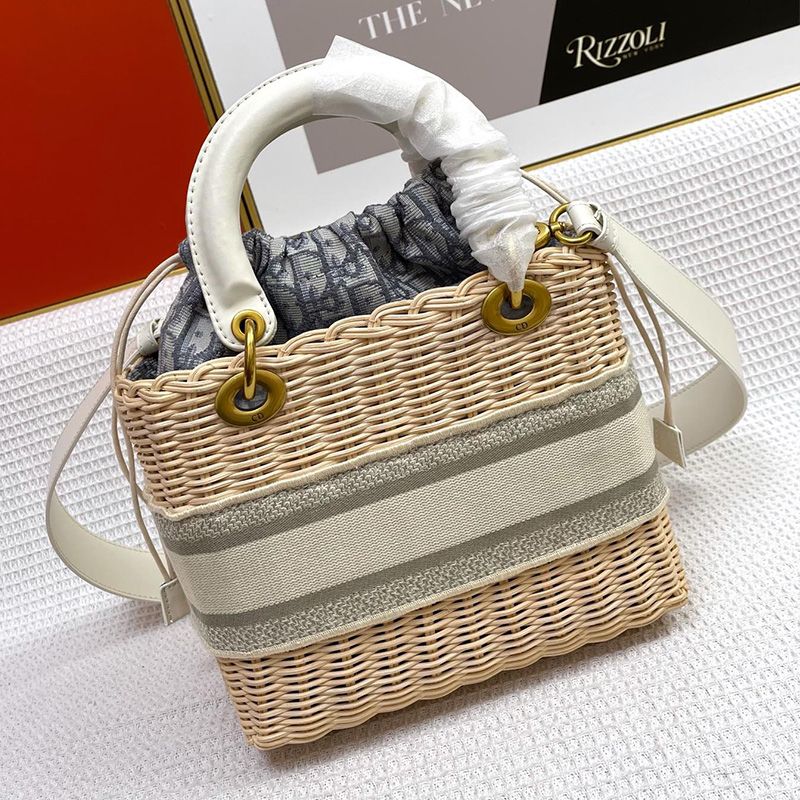 Medium Lady Dior Bag Wicker and Oblique Motif Canvas Grey Hot Sale