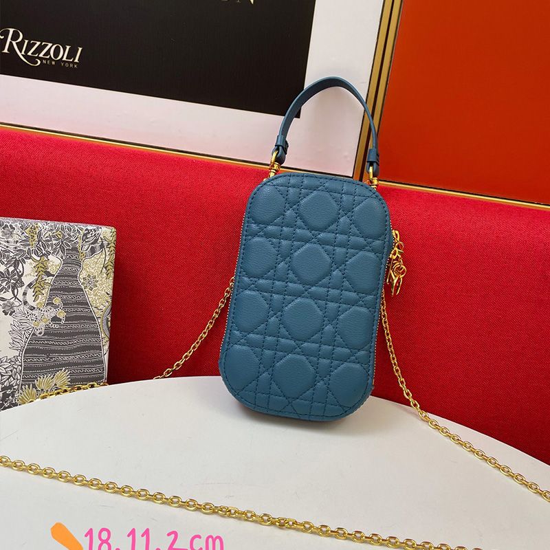 Lady Dior Phone Holder Cannage Lambskin Blue Hot Sale