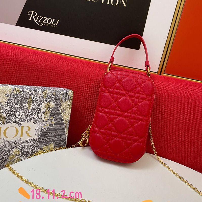 Lady Dior Phone Holder Cannage Lambskin Red Hot Sale