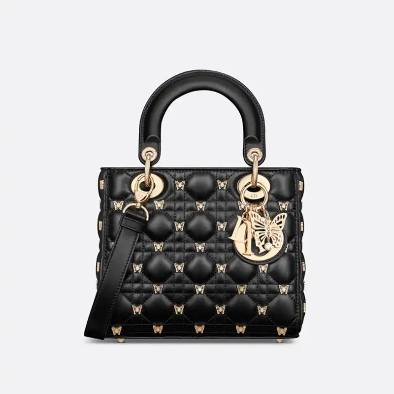 Cheap Small Lady Dior Bag with Butterfly Studs Cannage Lambskin Black Hot Sale