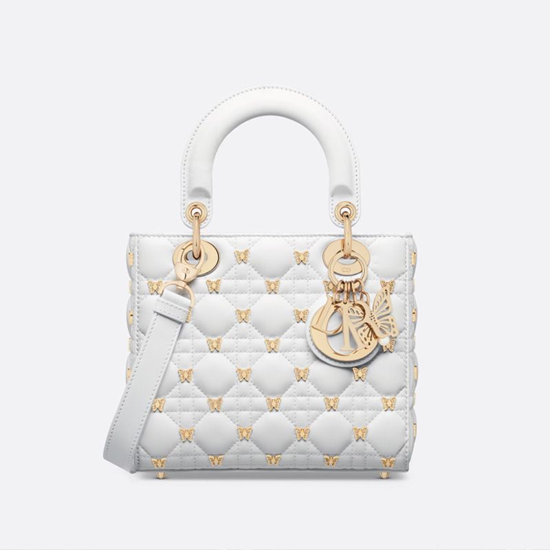 TOP Small Lady Dior Bag with Butterfly Studs Cannage Lambskin White