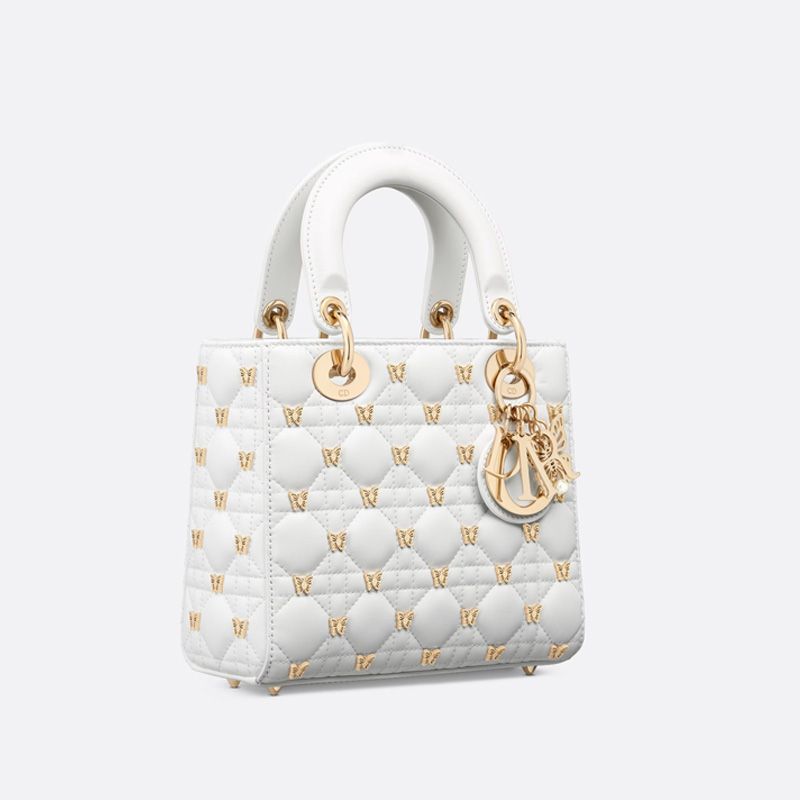 TOP Small Lady Dior Bag with Butterfly Studs Cannage Lambskin White