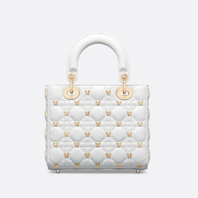 TOP Small Lady Dior Bag with Butterfly Studs Cannage Lambskin White