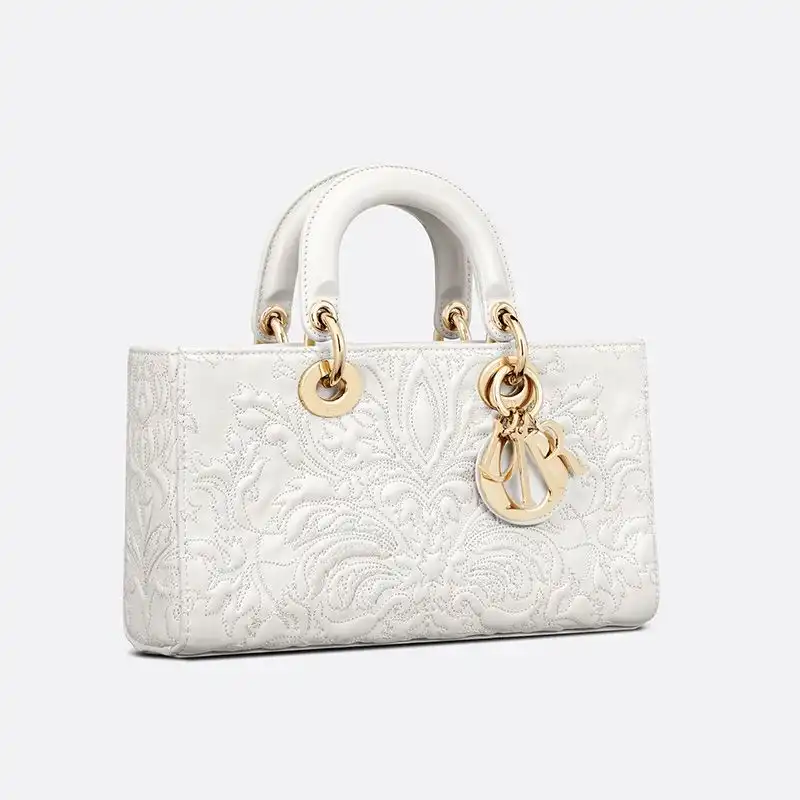 Medium Lady D-Joy Bag Ornamental Motif Quilted-Effect Lambskin White Luxury