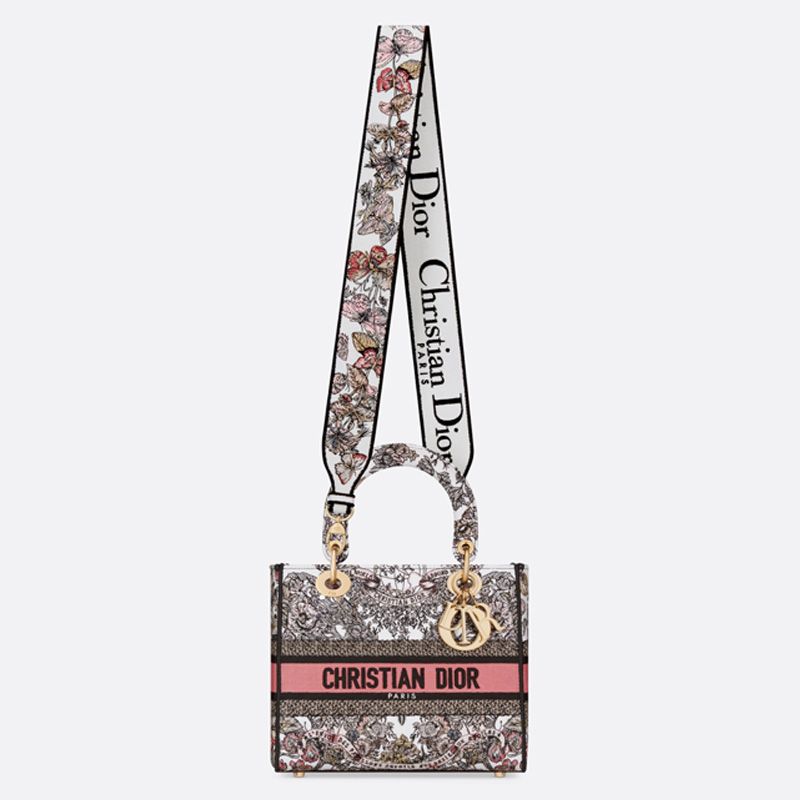 Medium Lady D-lite Bag Butterfly Around The World Motif Canvas White Pink