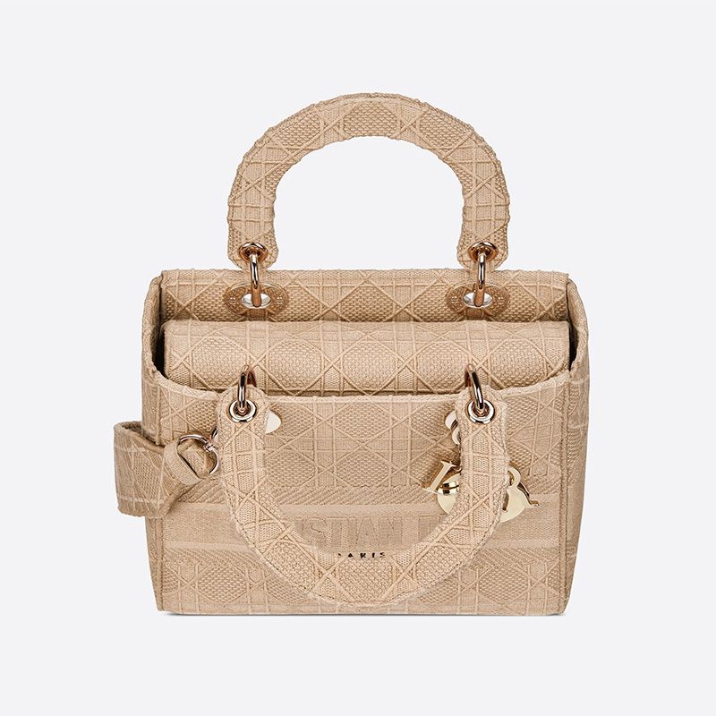 Hot Medium Lady D-lite Bag Cannage Motif Canvas Beige