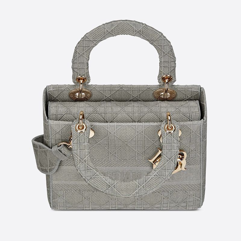 Hot Medium Lady D-lite Bag Cannage Motif Canvas Grey