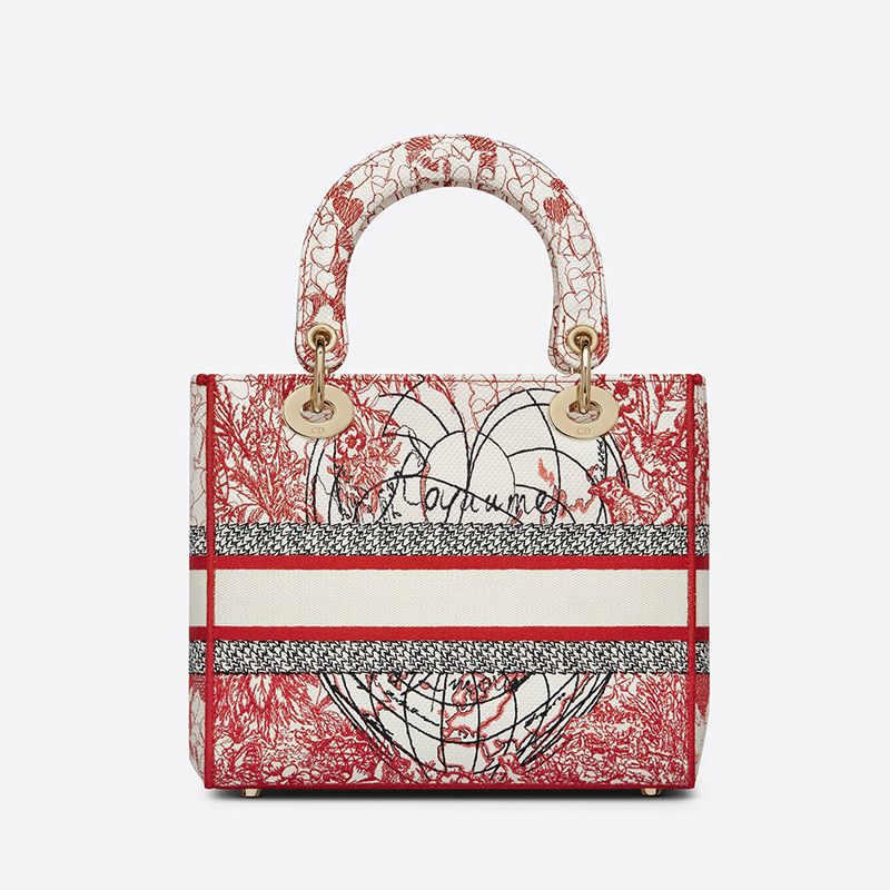 Medium Lady D-lite Bag Dioramour D-Royaume d'Amour Motif Canvas Red White Hot Sale