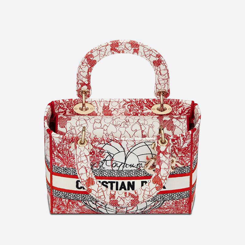 Medium Lady D-lite Bag Dioramour D-Royaume d'Amour Motif Canvas Red White Hot Sale