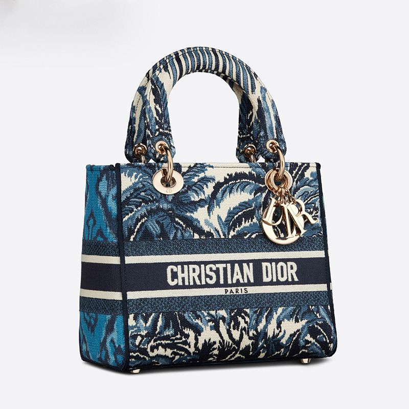 Medium Lady D-lite Bag Palms Motif Canvas Blue Hot Sale