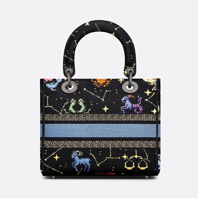 Hot Medium Lady D-lite Bag Pixel Zodiac Motif Canvas Black