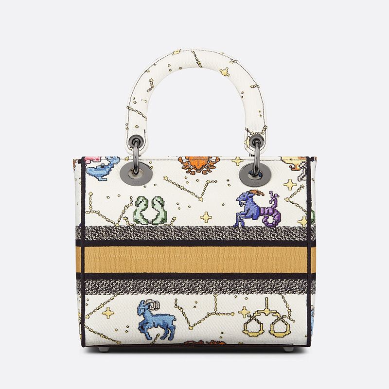 Hot Medium Lady D-lite Bag Pixel Zodiac Motif Canvas White