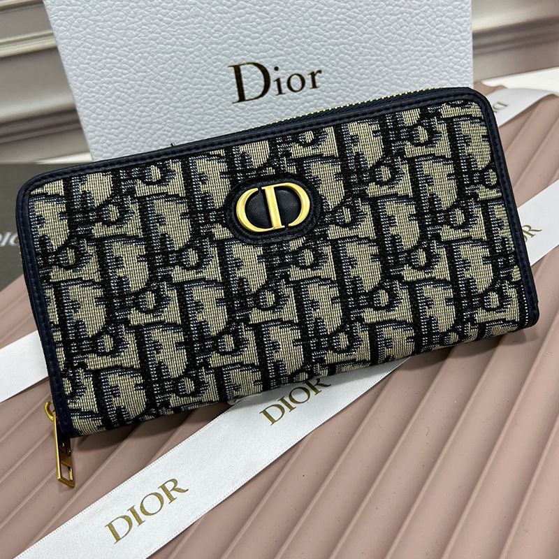 Large Dior 30 Montaigne Zip Wallet Oblique Motif Canvas Blue Hot Sale