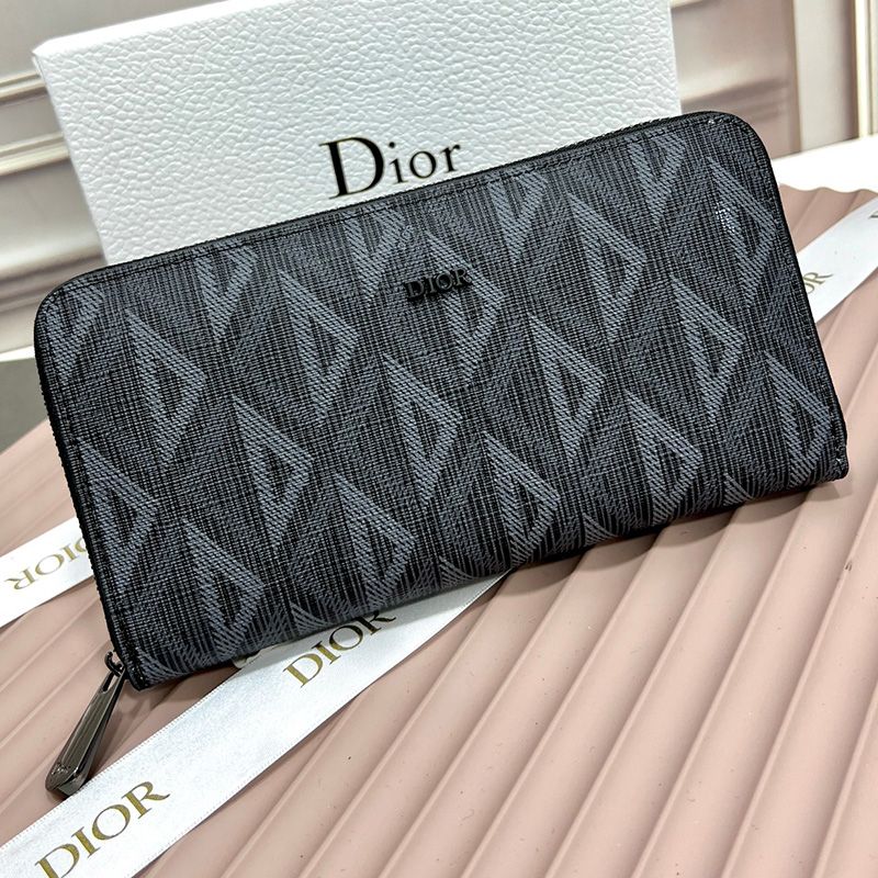 Hot Large Dior Zip Wallet CD Diamond Motif Calfskin Black