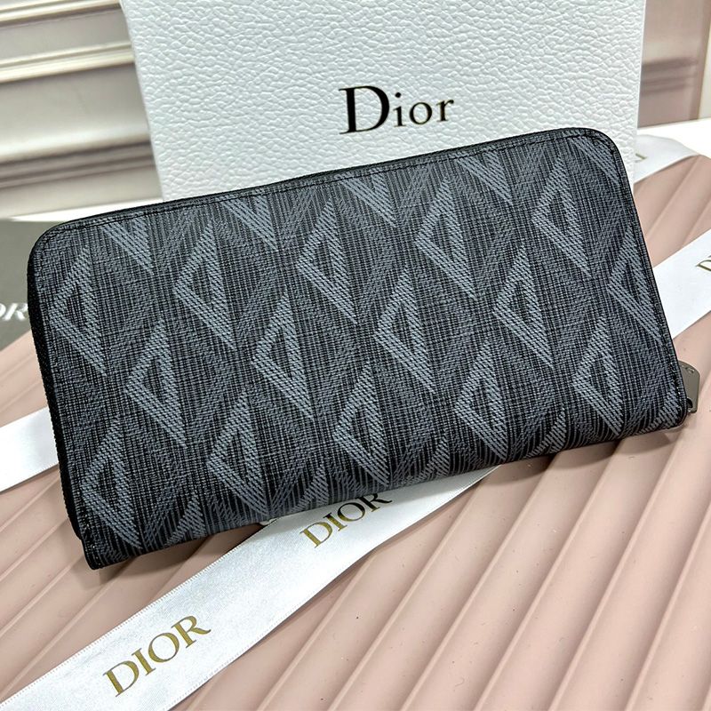 Hot Large Dior Zip Wallet CD Diamond Motif Calfskin Black