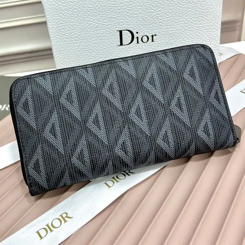 Cheap Hot Large Dior Zip Wallet CD Diamond Motif Calfskin Black