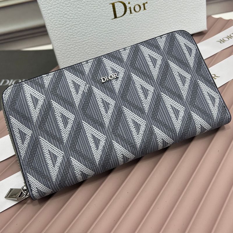 Large Dior Zip Wallet CD Diamond Motif Calfskin Grey Hot Sale