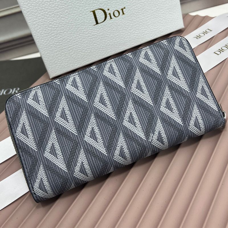 Large Dior Zip Wallet CD Diamond Motif Calfskin Grey Hot Sale