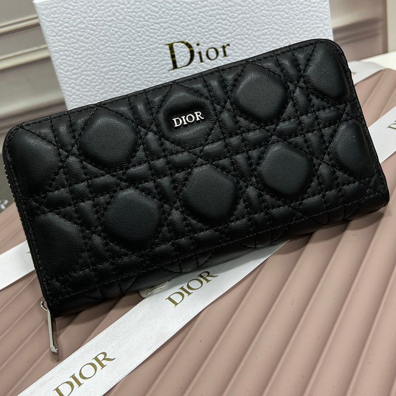 Hot Large Dior Zip Wallet Cannage Calfskin With Dior Icon Signature Black