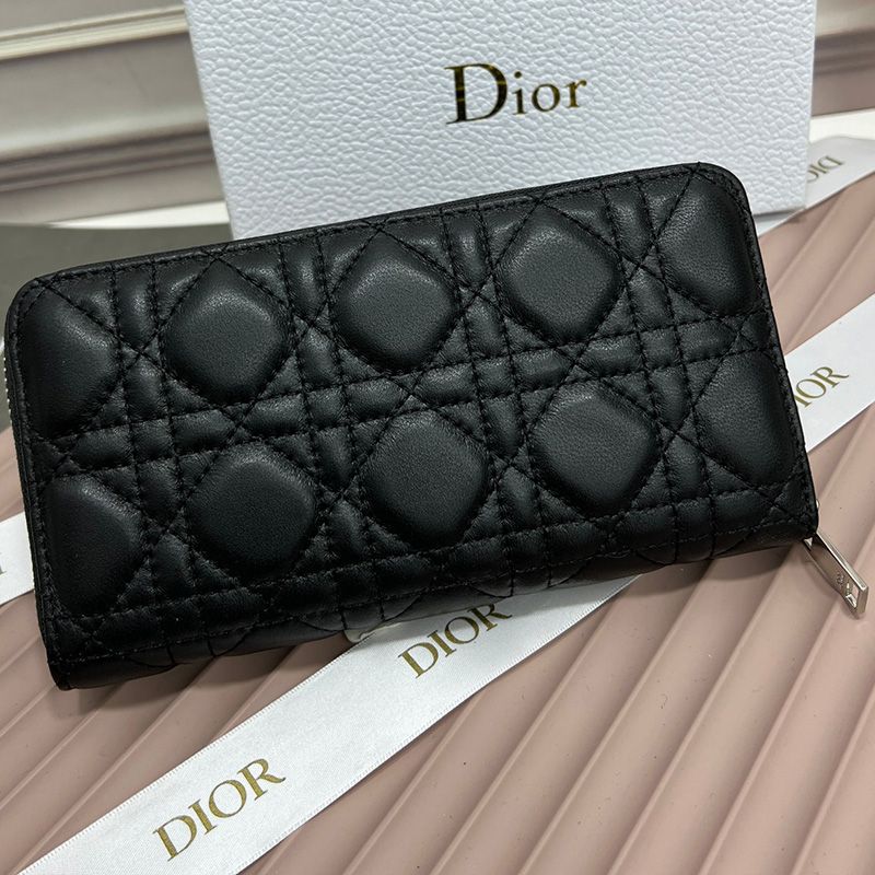 Hot Large Dior Zip Wallet Cannage Calfskin With Dior Icon Signature Black