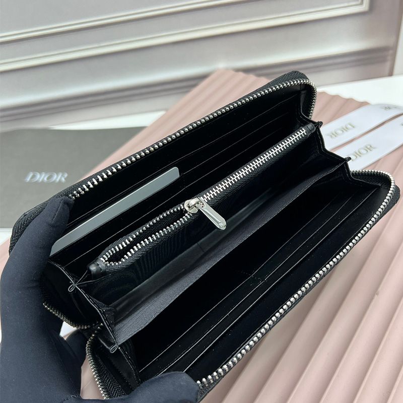 Hot Large Dior Zip Wallet Cannage Calfskin With Dior Icon Signature Black