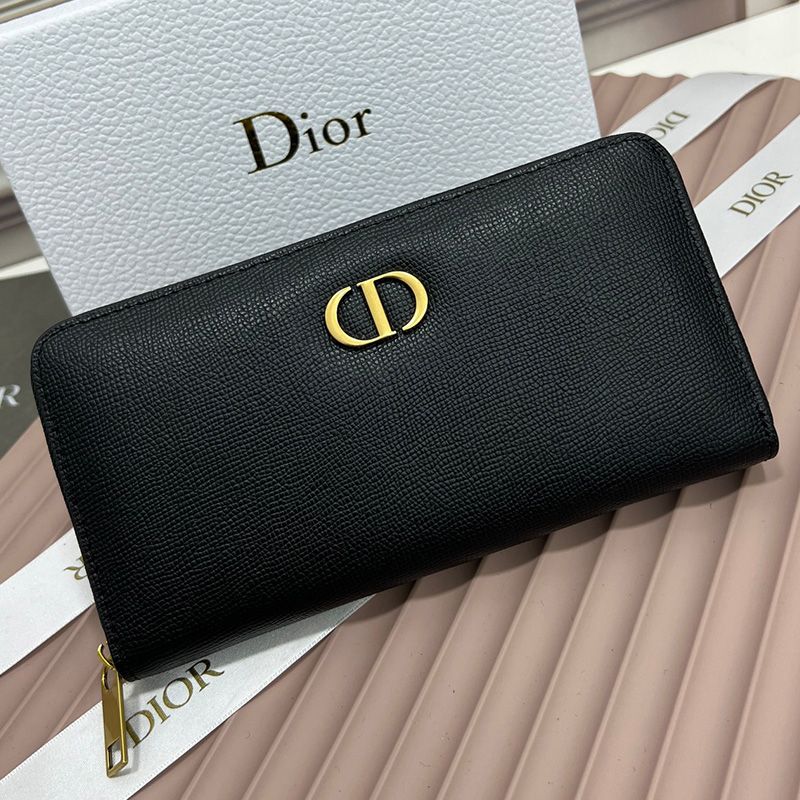 Hot Large Dior Zip Wallet Grained Calfskin With CD Icon Signature Black