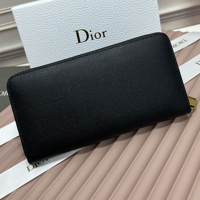 Hot Large Dior Zip Wallet Grained Calfskin With CD Icon Signature Black