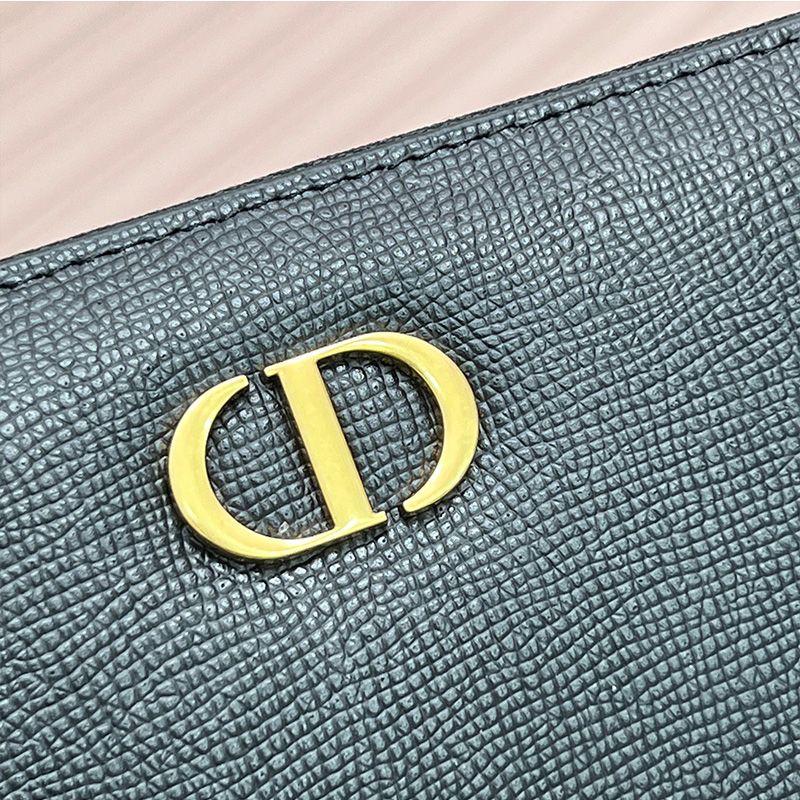 Hot Large Dior Zip Wallet Grained Calfskin With CD Icon Signature Black