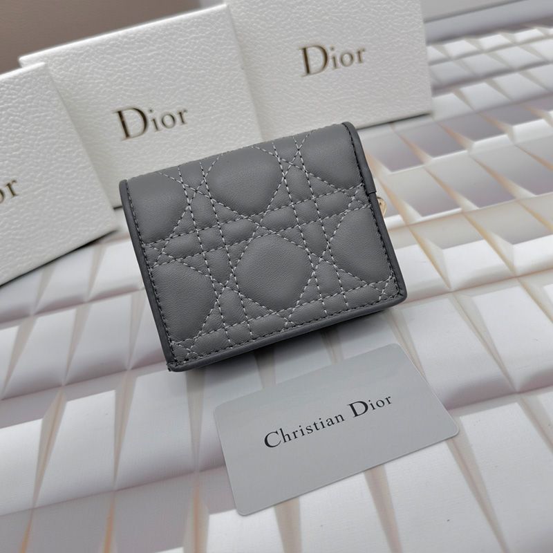 Mini Lady Dior Flap Card Holder Cannage Lambskin Grey Hot Sale