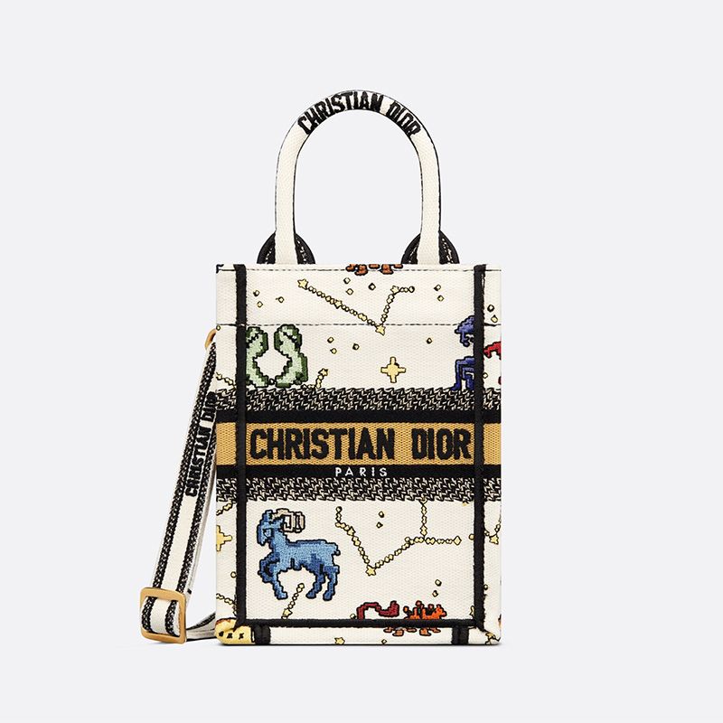 Cheap Miniature Dior Book Tote Pixel Zodiac Motif Canvas White