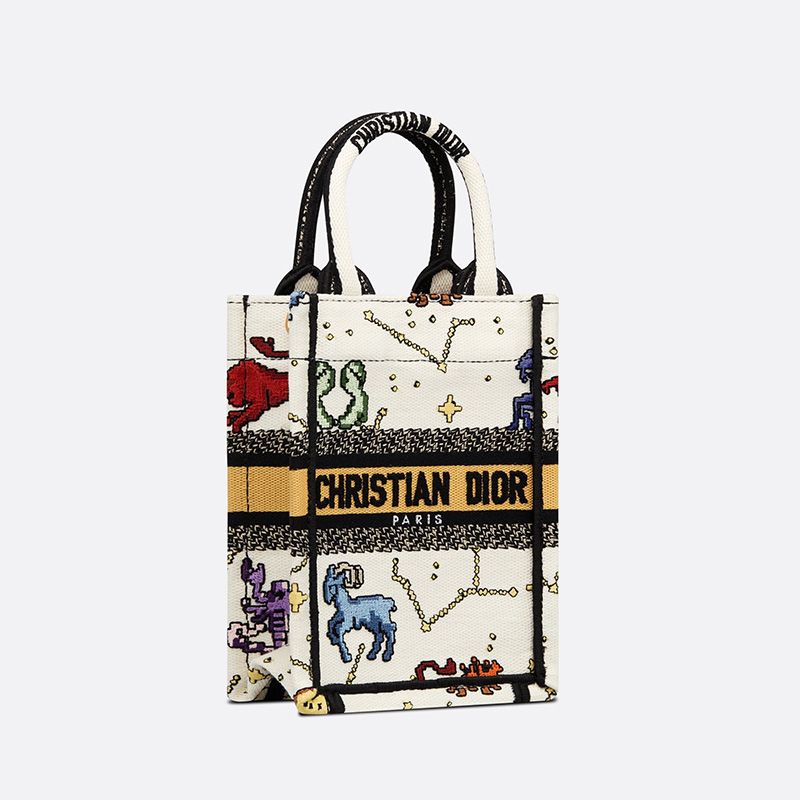 TOP Miniature Dior Book Tote Pixel Zodiac Motif Canvas White