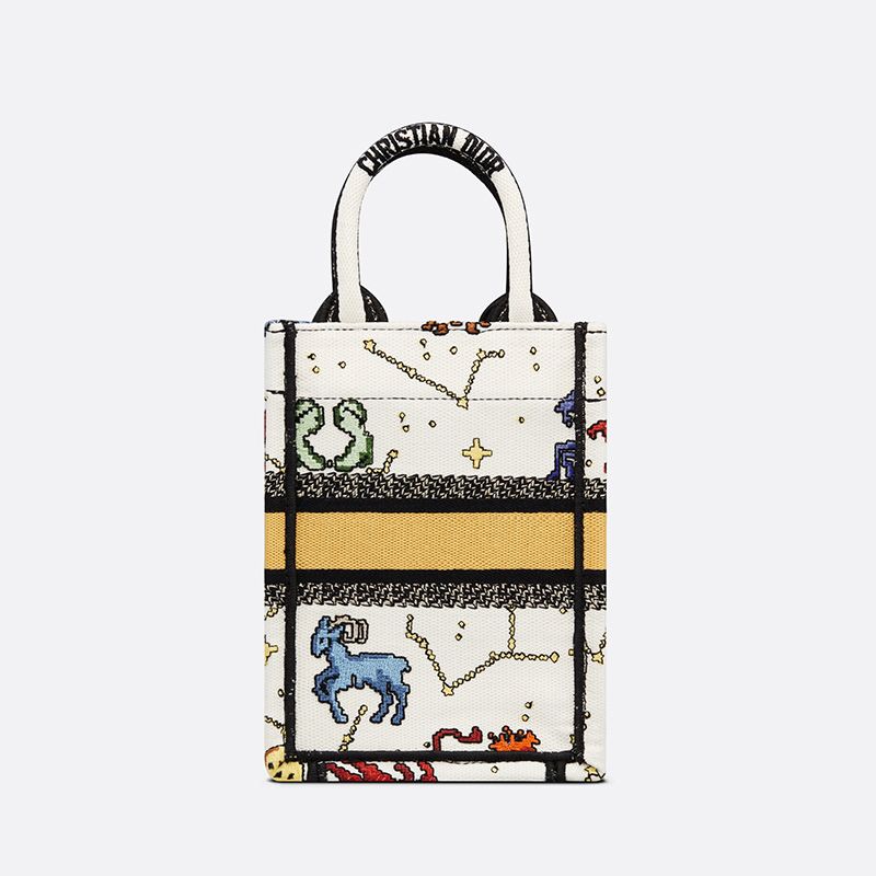 TOP Miniature Dior Book Tote Pixel Zodiac Motif Canvas White