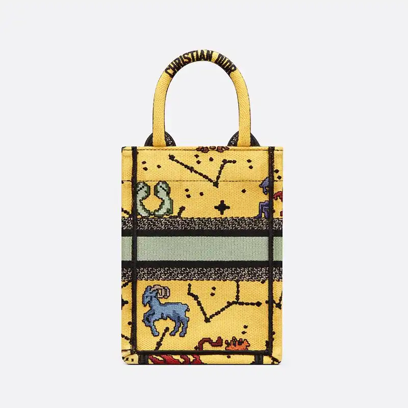 Cheap Miniature Dior Book Tote Pixel Zodiac Motif Canvas Yellow Hot Sale