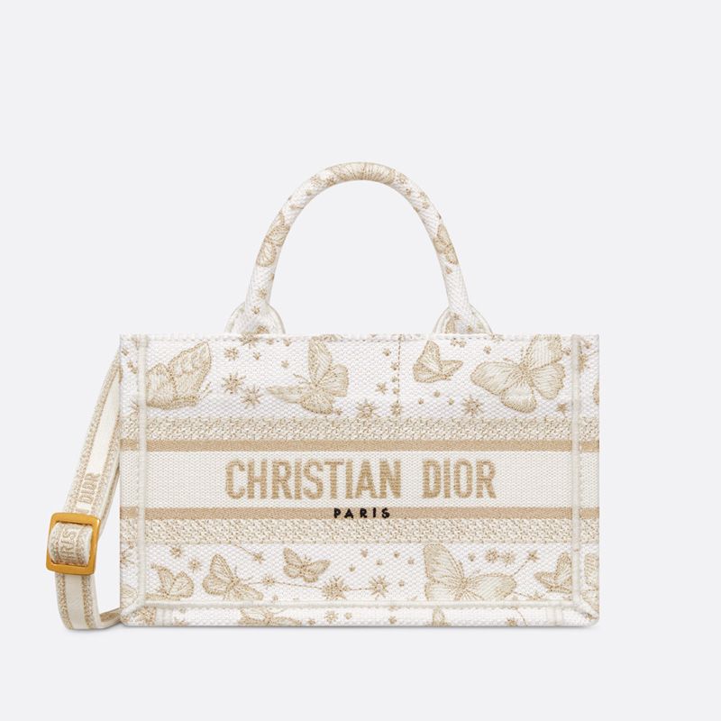 Hot Mini Dior Book Tote with Strap Butterfly Zodiac Motif Canvas White Gold