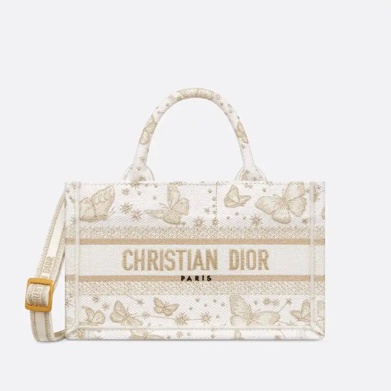 Mini Dior Book Tote with Strap Butterfly Zodiac Motif Canvas White Gold