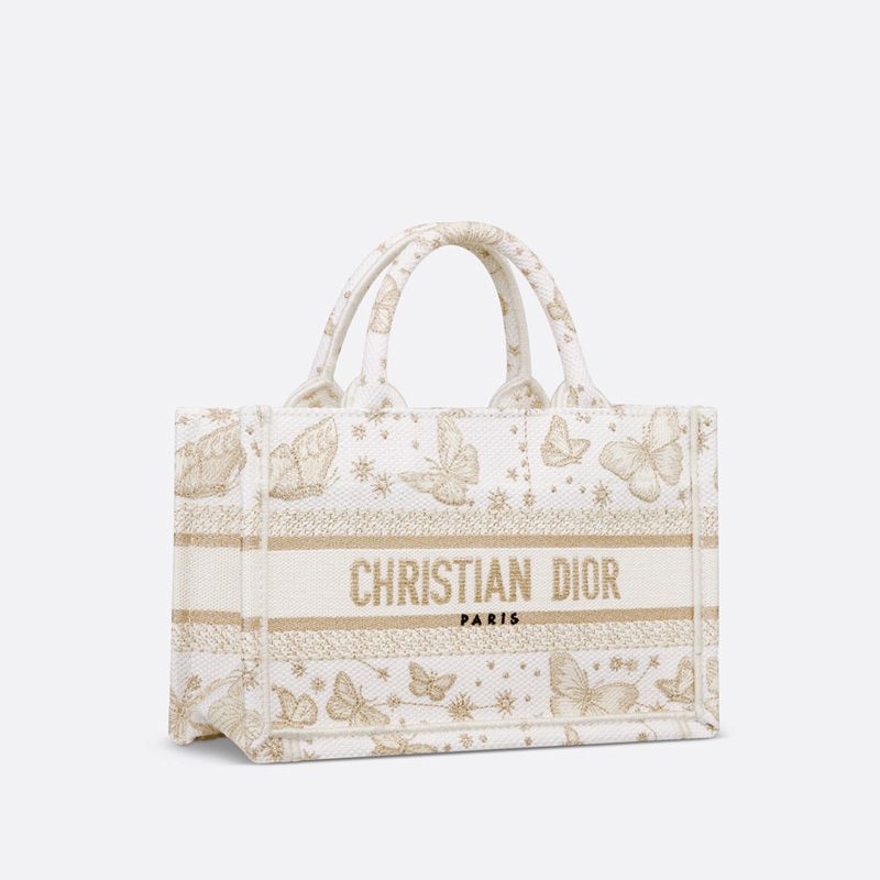 Hot Mini Dior Book Tote with Strap Butterfly Zodiac Motif Canvas White Gold