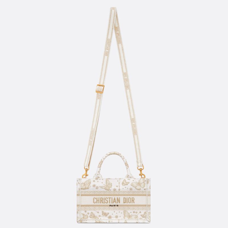 Hot Mini Dior Book Tote with Strap Butterfly Zodiac Motif Canvas White Gold