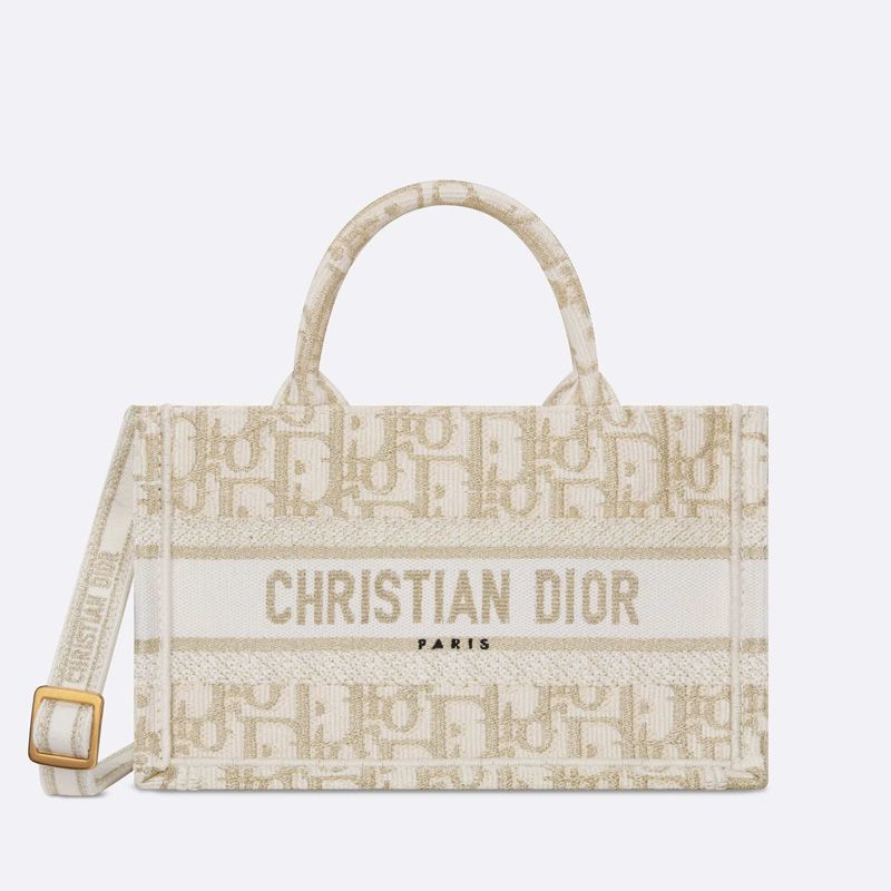 Hot Mini Dior Book Tote with Strap Oblique Motif Canvas White Gold