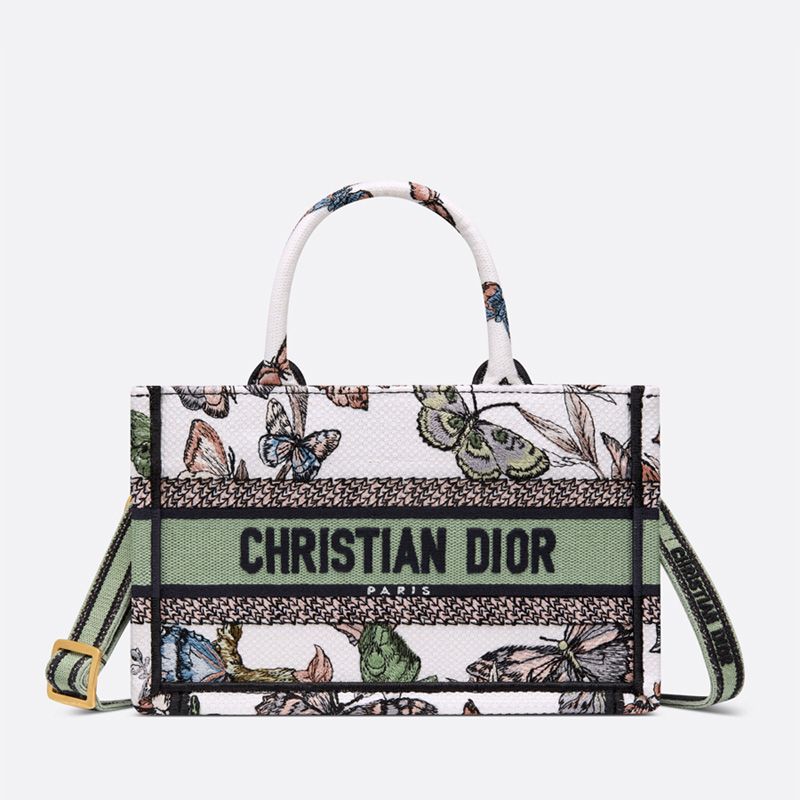 Hot Mini Dior Book Tote with Strap Toile de Jouy Mexico Motif Canvas White Green