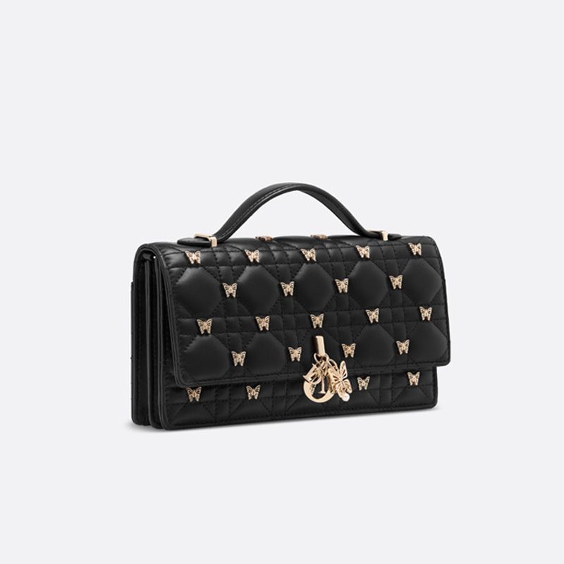 Hot Miss Dior Top Handle Bag with Butterfly Studs Cannage Lambskin Black