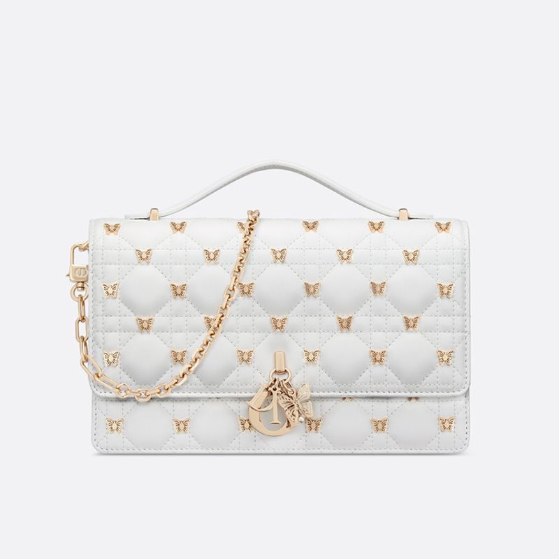 Miss Dior Top Handle Bag with Butterfly Studs Cannage Lambskin White Hot Sale