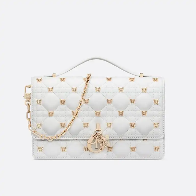 Miss Dior Top Handle Bag with Butterfly Studs Cannage Lambskin White Luxury