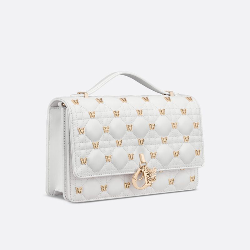 Miss Dior Top Handle Bag with Butterfly Studs Cannage Lambskin White Luxury