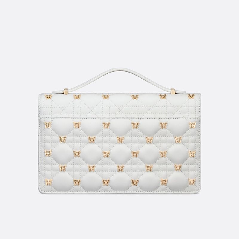 Miss Dior Top Handle Bag with Butterfly Studs Cannage Lambskin White Luxury