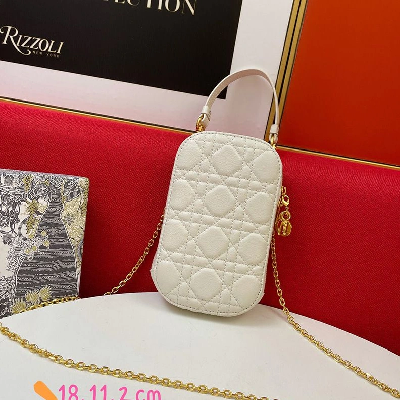 Affordable 1008 Lady Dior Phone Holder Cannage Lambskin White